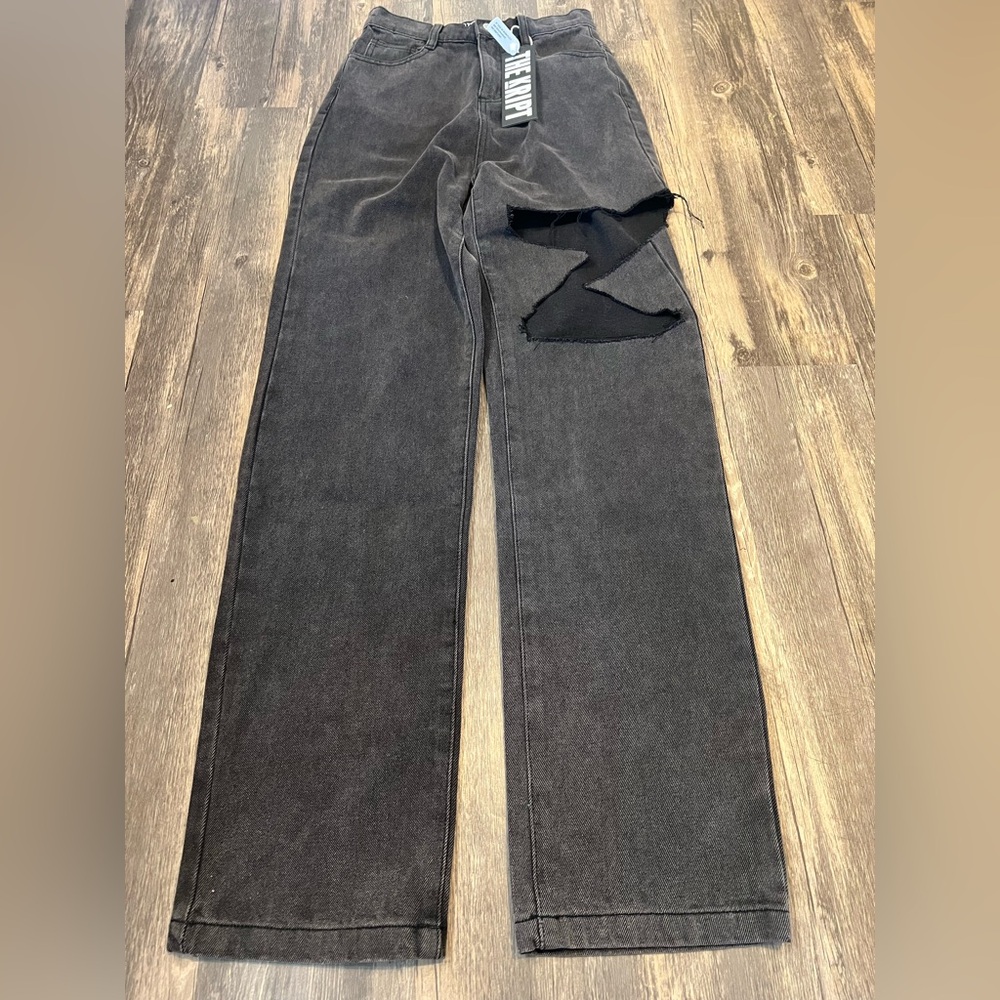 The Kript Black Denim Jeans High Waisted Straight Leg Asymmetrical Distressing